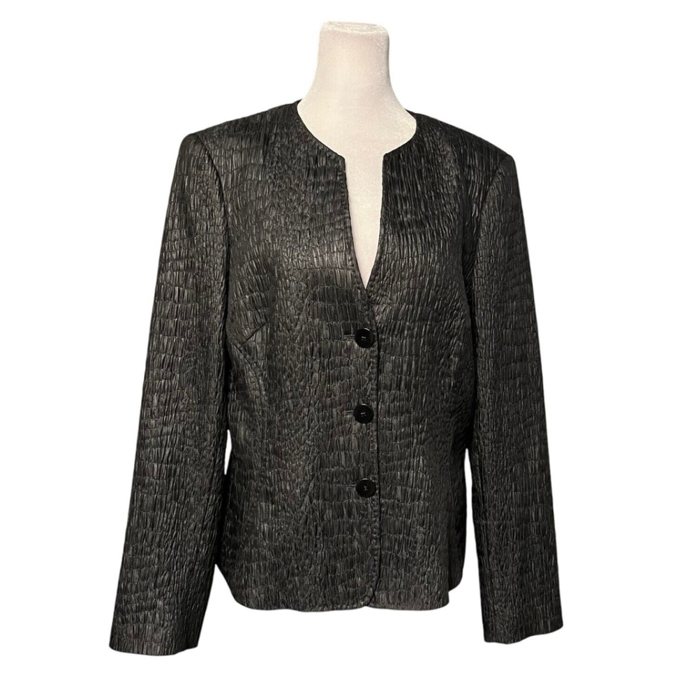 Santorelli Rosetta Italian Black Texture Faux Leather 3 Button Blazer Sz 8